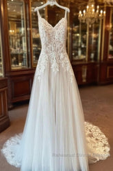 Long A-Line Spaghetti Straps Sweetheart Appliques Lace Tulle Wedding Dresses